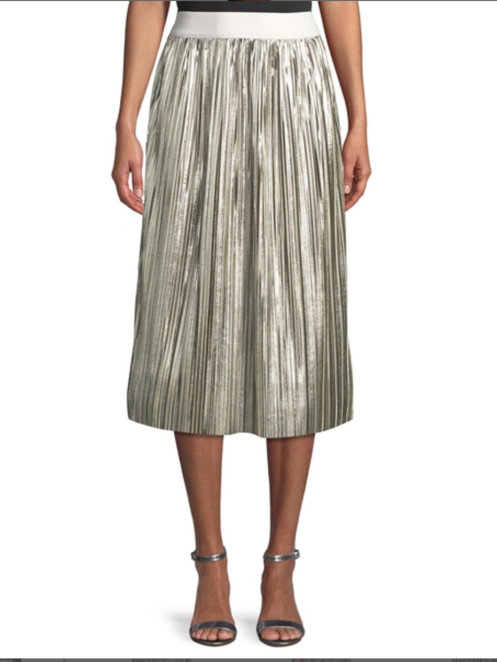 ALICE & OLIVIA Metallic Silver Pleated MIDI Skirt NWT Size 2